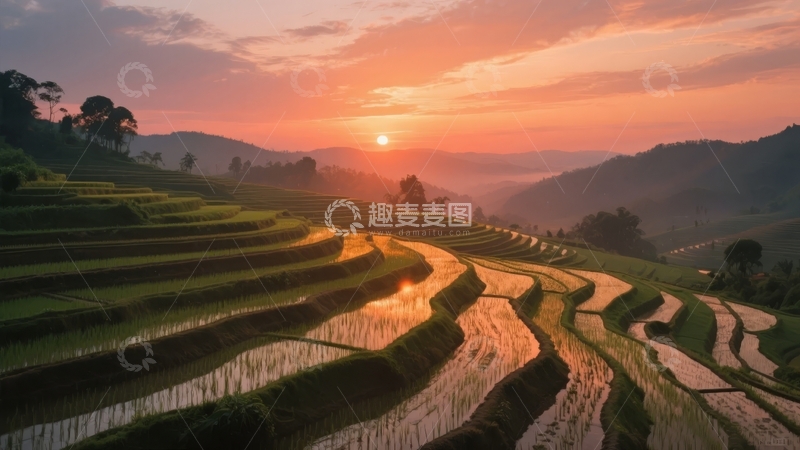 高清大图下载【趣麦麦图】日落时分的梯田水映霞光美不胜收