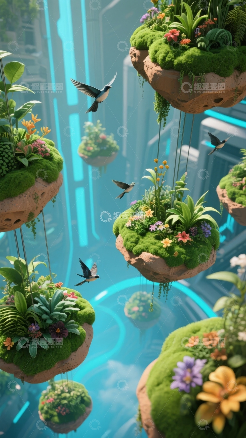 高清大图下载【趣麦麦图】漂浮岛屿上绿植繁茂鸟儿飞翔的奇幻场景