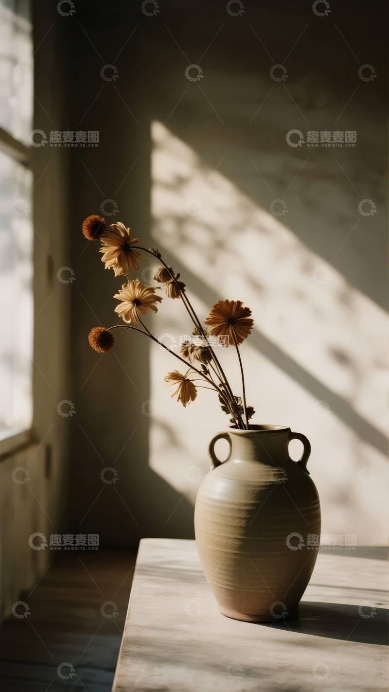 高清大图下载【趣麦麦图】阳光洒在墙上的花瓶与干花静物