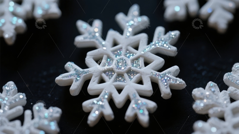 高清大图下载【趣麦麦图】白色雪花装饰品点缀黑色背景闪烁银色光芒