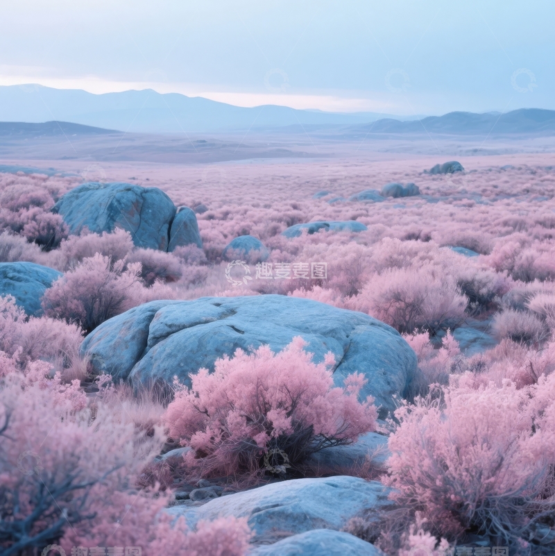 高清大图下载【趣麦麦图】荒漠岩石与粉绿灌木交织的静谧自然景观