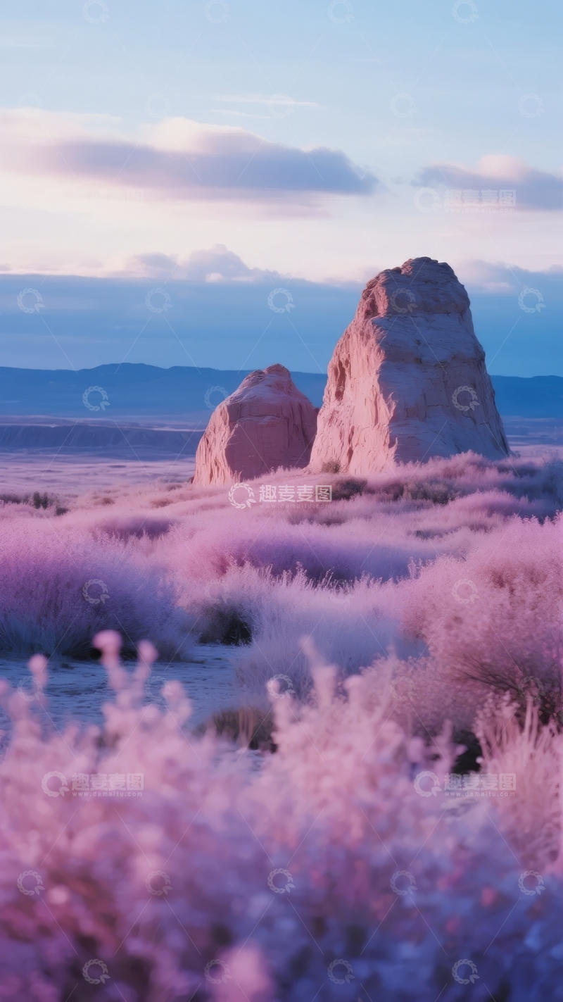 高清大图下载【趣麦麦图】粉紫色调下的荒漠景观岩石与植被