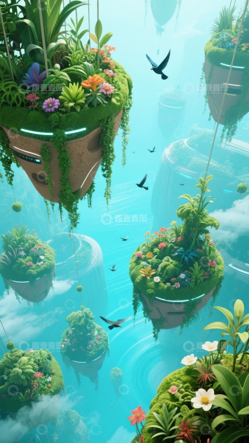 高清大图下载【趣麦麦图】悬浮花盆中繁茂植物与飞翔小鸟构成的奇幻空中花园