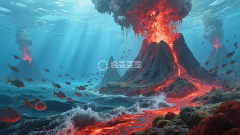 高清大图下载【趣麦麦图】海底火山喷发熔岩流入海洋的壮观景象