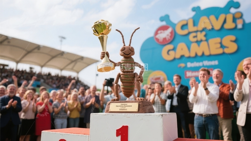 高清大图下载【趣麦麦图】颁奖台上手持奖杯的昆虫雕像众人鼓掌庆祝