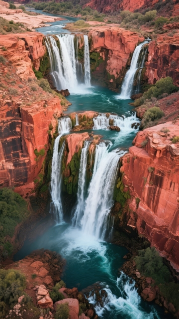 壮丽瀑布群流淌于红色峡谷之中