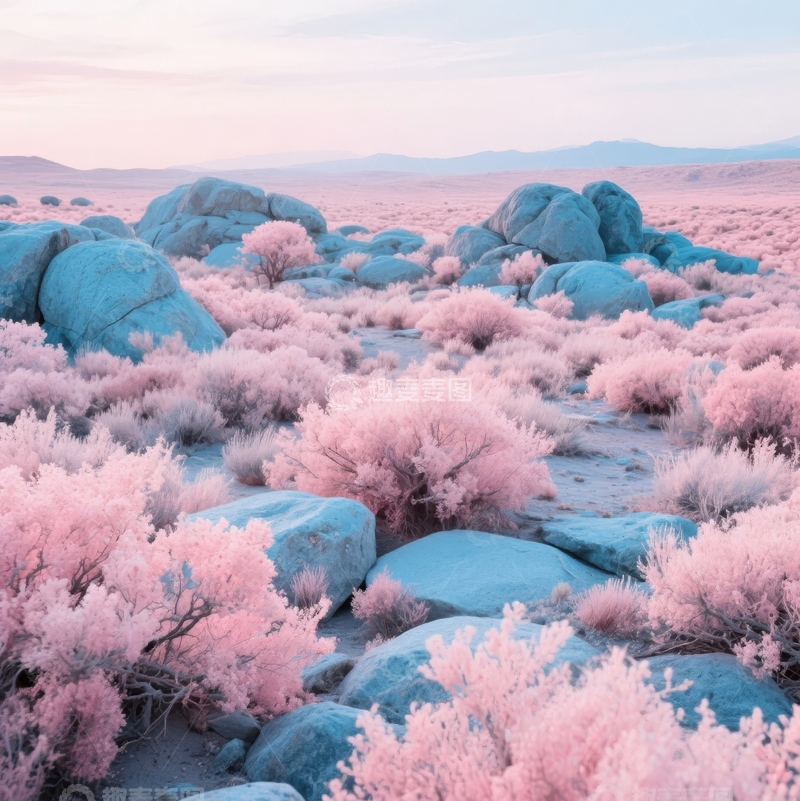 高清大图下载【趣麦麦图】粉色灌木与蓝色岩石构成的梦幻沙漠景观