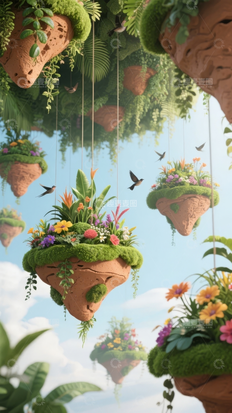 高清大图下载【趣麦麦图】悬浮花坛中鲜花盛开鸟儿飞翔的奇幻空中花园