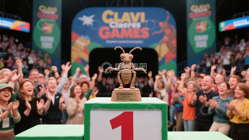 高清大图下载【趣麦麦图】颁奖典礼上人群欢呼奖杯置于数字一的基座上