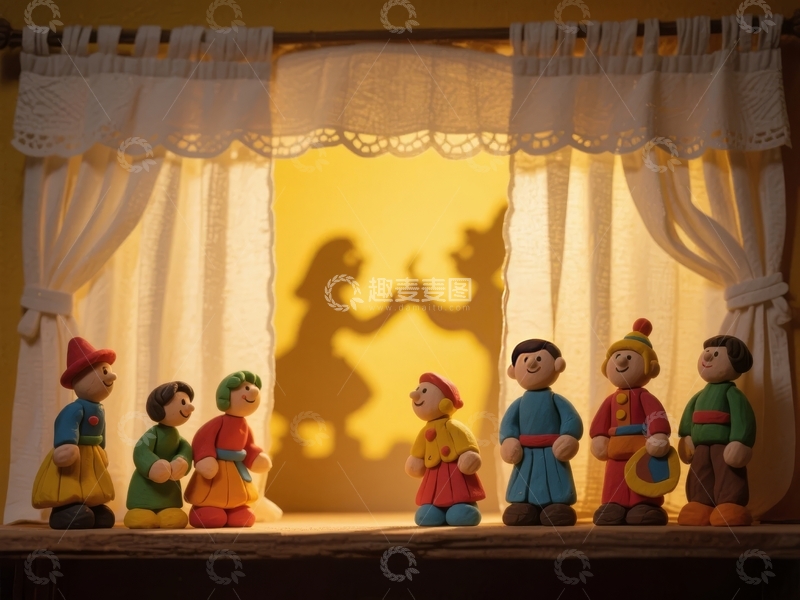 高清大图下载【趣麦麦图】木偶舞台剧表演观众与幕布光影互动场景