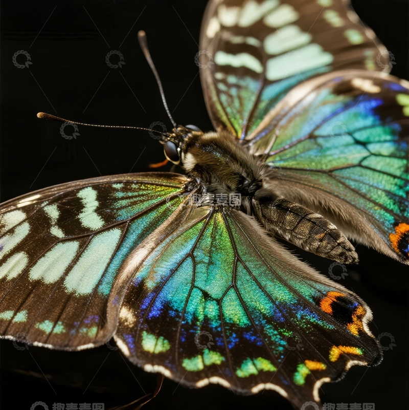 高清大图下载【趣麦麦图】色彩斑斓的蝴蝶翅膀特写展示精致纹理与图案