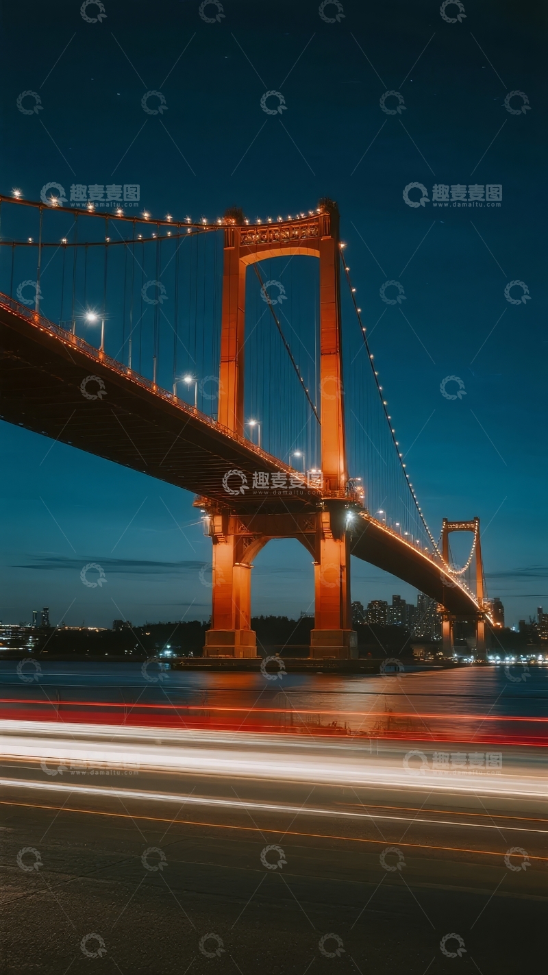 高清大图下载【趣麦麦图】夜晚灯光下的桥梁与车流轨迹