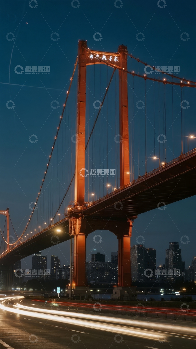 高清大图下载【趣麦麦图】夜晚城市灯光下桥梁与车流的长曝光景象