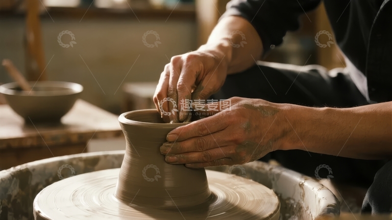 高清大图下载【趣麦麦图】陶艺师在转盘上手工塑造陶瓷器皿