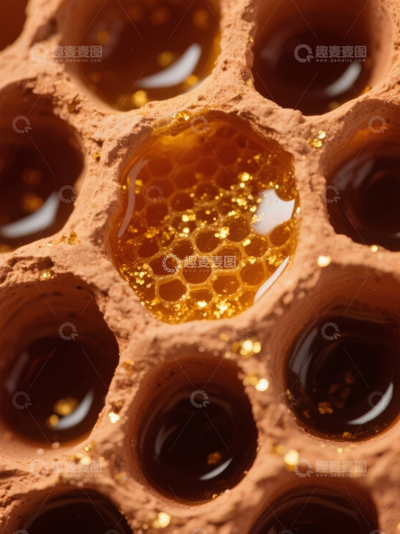 高清大图下载【趣麦麦图】蜂巢中金黄色蜂蜜的特写镜头