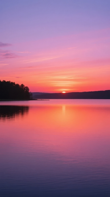 日落时分湖面平静水面倒映着天空的色彩