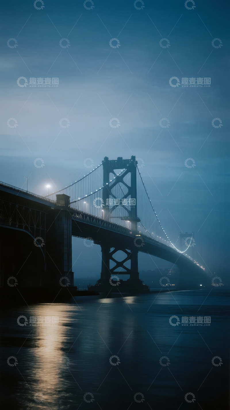 高清大图下载【趣麦麦图】夜幕雾霭中灯火通明的桥梁景观