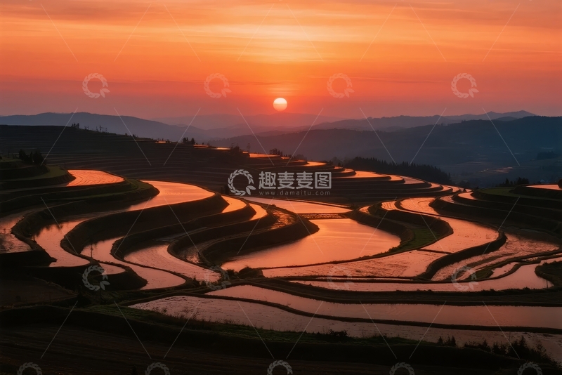高清大图下载【趣麦麦图】日落时分梯田水映霞光层叠美景
