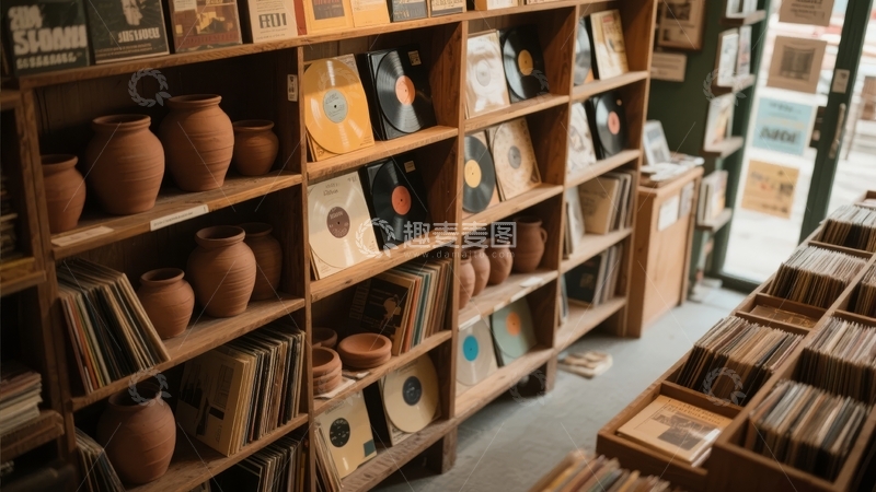 高清大图下载【趣麦麦图】摆满唱片和陶罐的复古风格室内场景