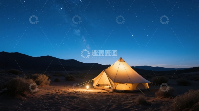 高清大图下载【趣麦麦图】夜晚沙漠中亮灯的帐篷与星空