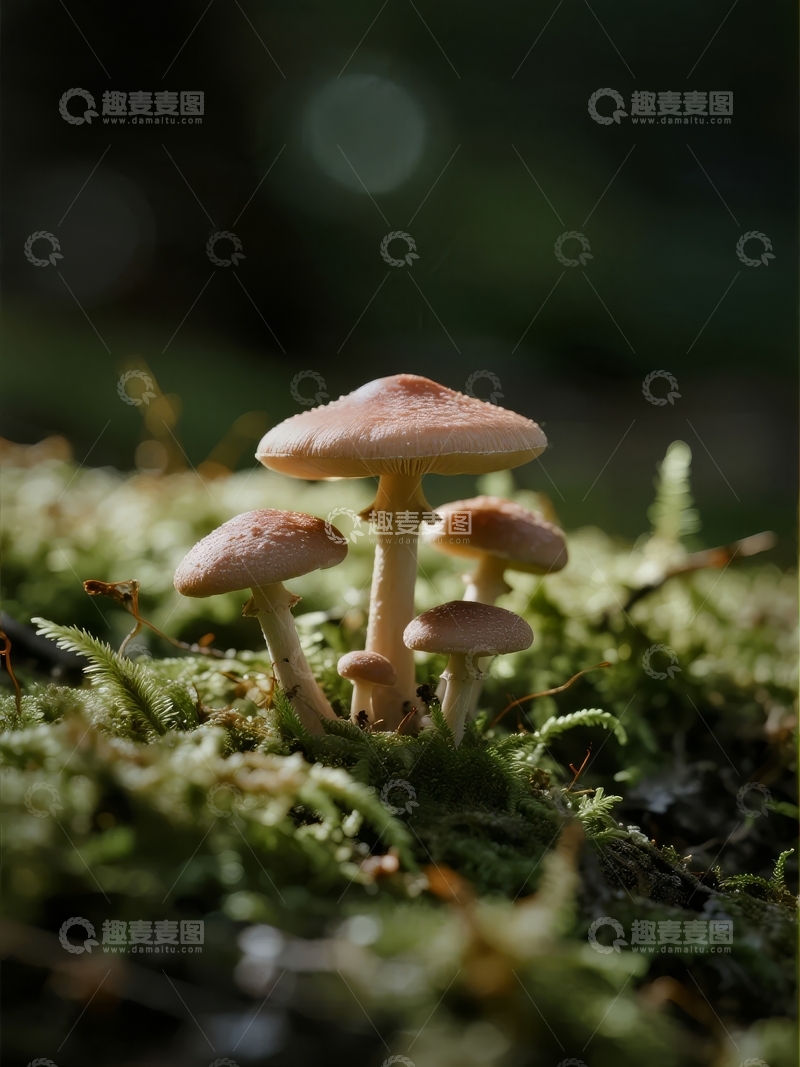 高清大图下载【趣麦麦图】森林苔藓上生长的几株小蘑菇
