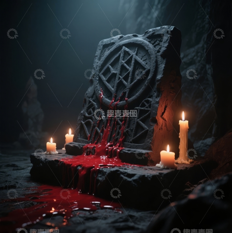 高清大图下载【趣麦麦图】黑暗洞穴中石碑前烛光与血迹的神秘仪式