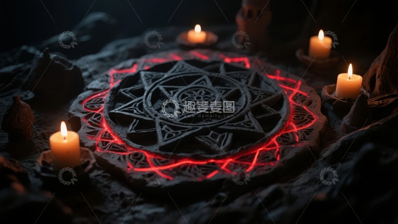 高清大图下载【趣麦麦图】神秘仪式场景中心放置发光符文石盘周围环绕点燃蜡烛