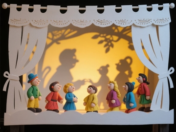 微型舞台剧场景展示七个卡通人物在幕布前表演