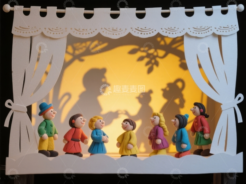 高清大图下载【趣麦麦图】微型舞台剧场景展示七个卡通人物在幕布前表演