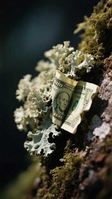 美元纸币被苔藓覆盖的自然与金钱对比