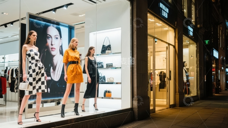 高清大图下载【趣麦麦图】-夜晚时尚店铺橱窗展示三位模特穿着潮流服饰