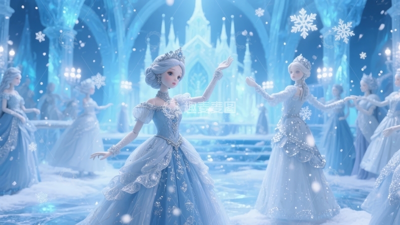 高清大图下载【趣麦麦图】梦幻冰雪宫殿中身着蓝裙的优雅女性群像
