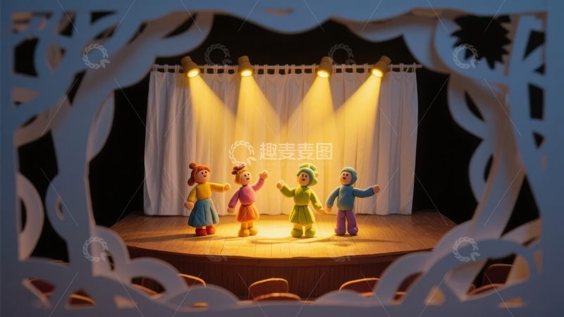 高清大图下载【趣麦麦图】纸艺舞台剧表演四个卡通人物