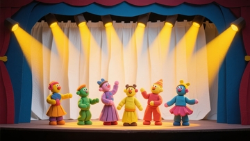 六个色彩鲜艳的玩偶在舞台上表演