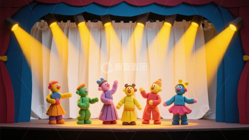 高清大图下载【趣麦麦图】六个色彩鲜艳的玩偶在舞台上表演