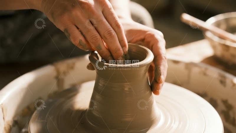 高清大图下载【趣麦麦图】双手在陶轮上塑造陶瓷器皿的特写