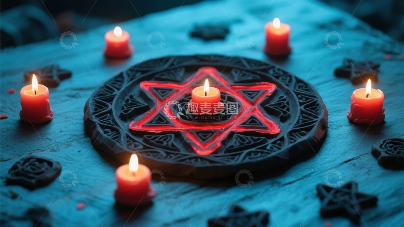 高清大图下载【趣麦麦图】烛光环绕的六芒星图案神秘氛围场景