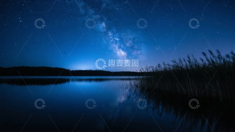 高清大图下载【趣麦麦图】夜晚湖畔芦苇丛旁星空倒影静谧景象