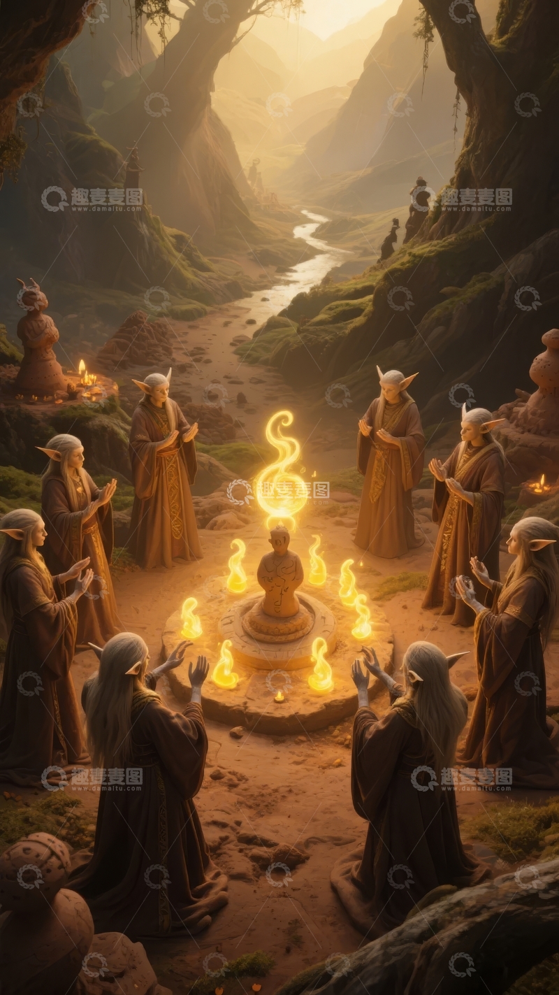 高清大图下载【趣麦麦图】神秘仪式在幽谷中举行众人围绕发光祭坛