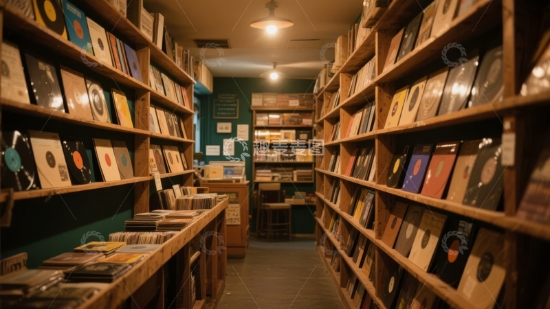 高清大图下载【趣麦麦图】狭窄走廊两侧摆满唱片的复古音像店