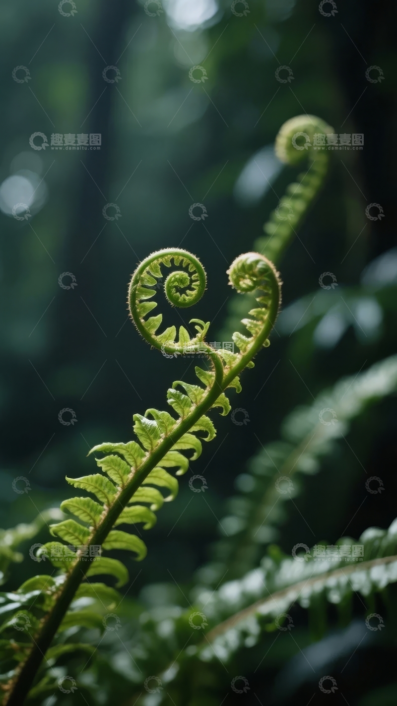 高清大图下载【趣麦麦图】森林中新生蕨类植物的特写镜头