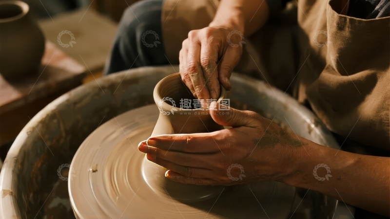 高清大图下载【趣麦麦图】陶艺师在转盘上用手塑造陶瓷罐