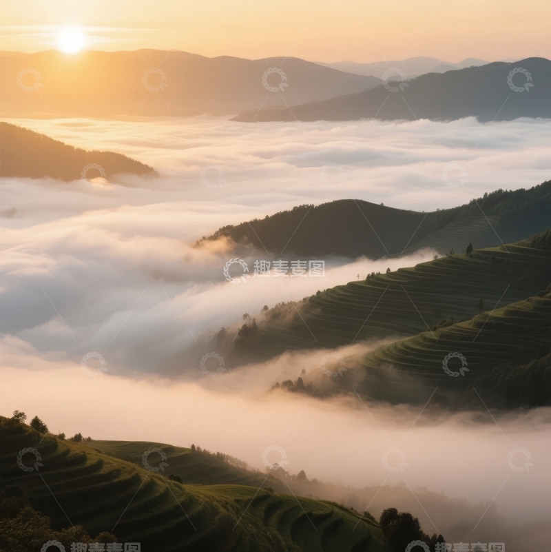 高清大图下载【趣麦麦图】日出时分云海缭绕的梯田山景