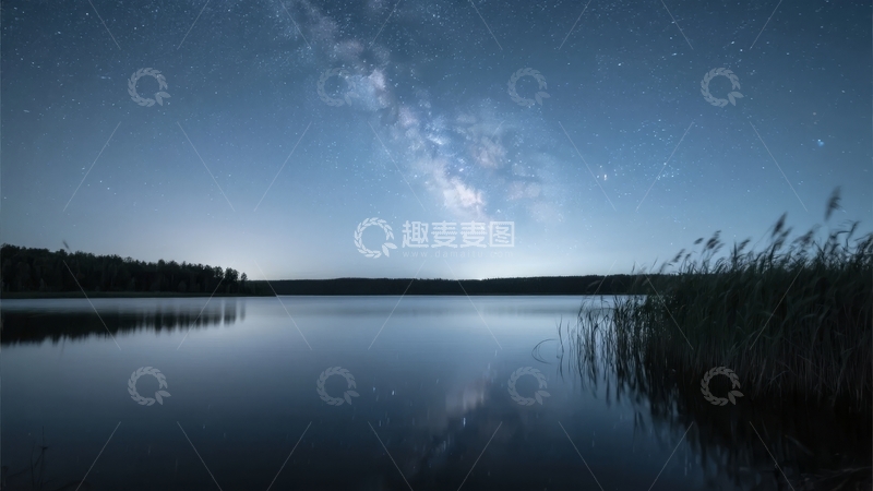 高清大图下载【趣麦麦图】夜空银河映照湖面芦苇随风摇曳