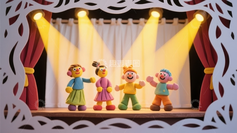 高清大图下载【趣麦麦图】四个卡通玩偶在舞台灯光下表演