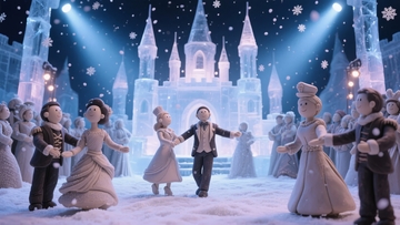 雪夜城堡前复古风格人物群舞场景