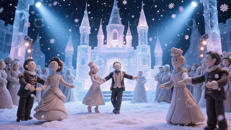 高清大图下载【趣麦麦图】雪夜城堡前复古风格人物群舞场景