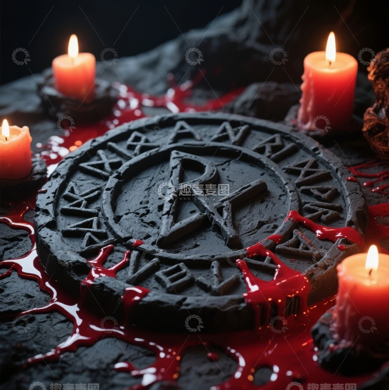 高清大图下载【趣麦麦图】烛光映照下的神秘仪式石盘与血迹