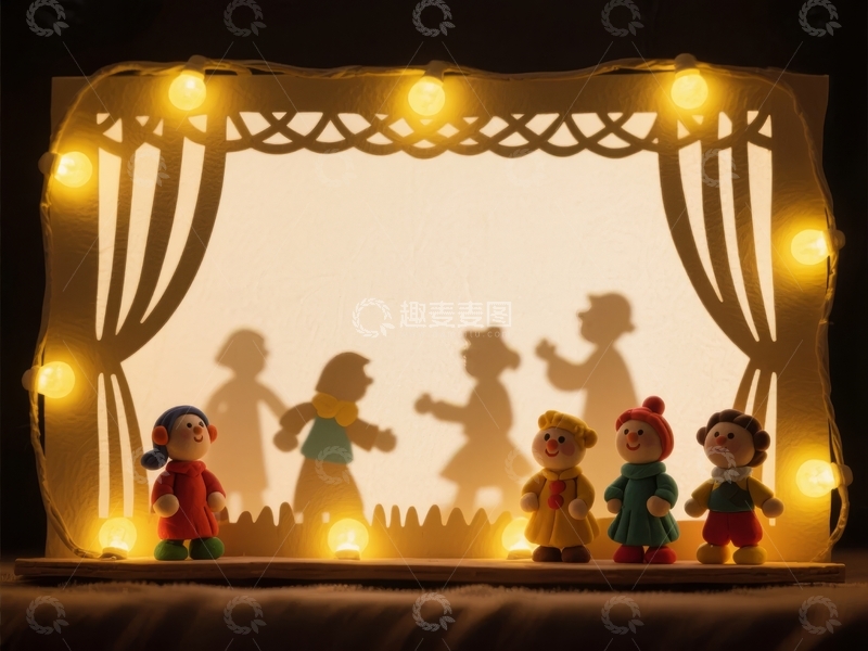 高清大图下载【趣麦麦图】灯光下的纸艺舞台展示人物剪影和玩偶