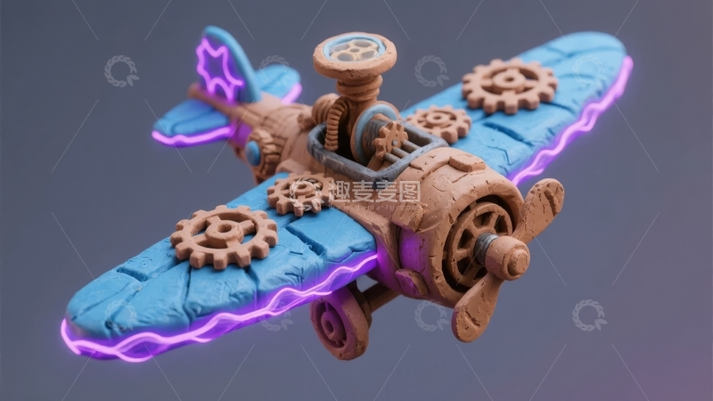 高清大图下载【趣麦麦图】蓝色复古风格齿轮飞机模型带有紫色灯光装饰